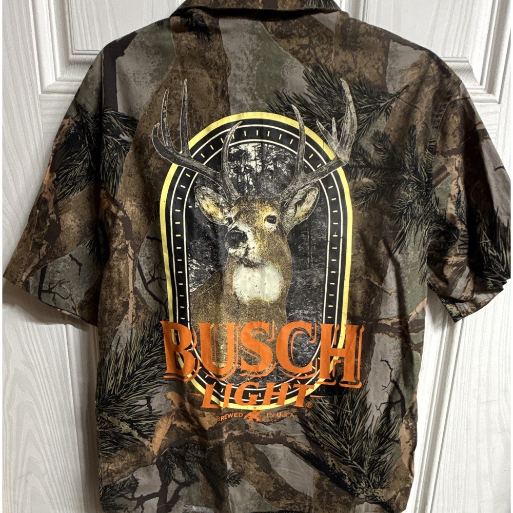 Busch Light Camo Deer Graphic Button-Up Shirt Men's S Short Sleeve
